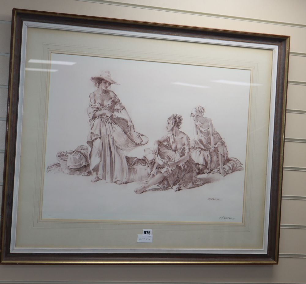 William Russell Flint, signed print, Three women holding baskets, blindstamped, 51 x 68cm